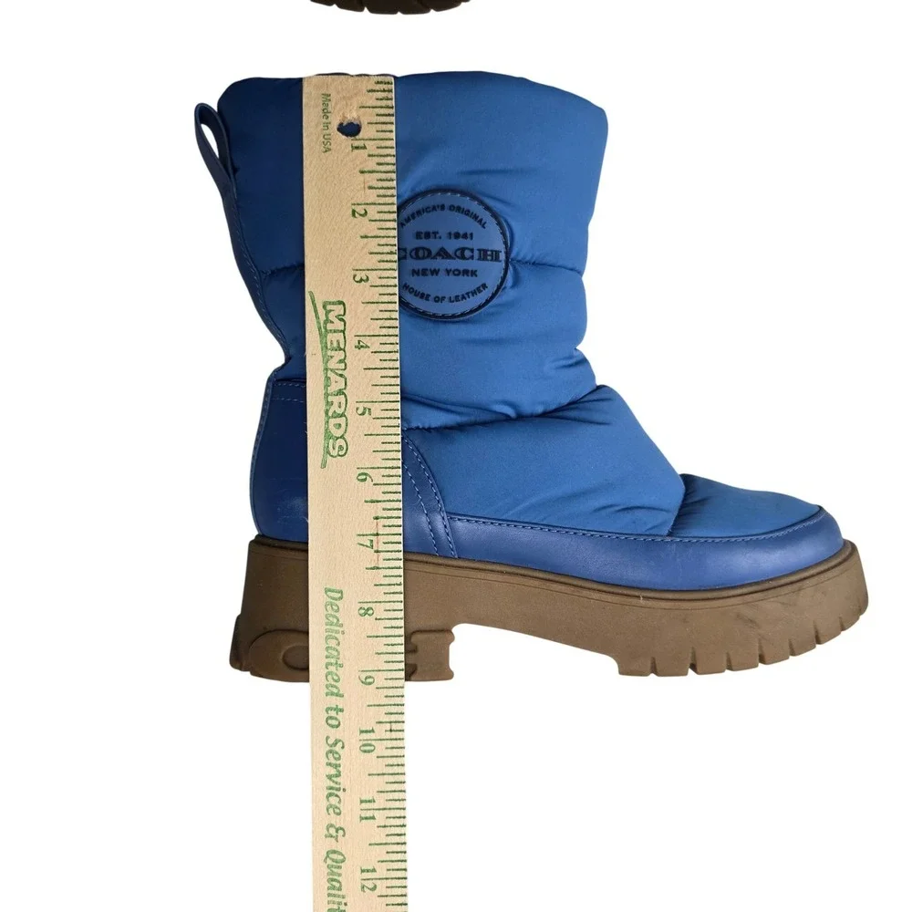 Coach Puffer Snow Boots Women Blue Leather Nylon‎ Platform Lug Sole Good